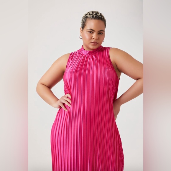 Forever 21+ Hot Pink Pisse Pleated Mock Neck Sleeveless Midi A-line Dress 2X - Picture 2 of 12